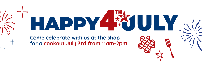 Happy 4th of July. Come celebrate with us at the shop for a cookout July 3rd from 11am-2pm!